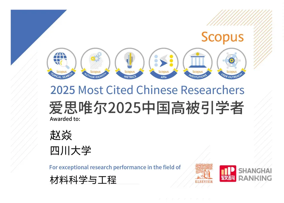 赵焱教授爱思唯尔2025中国高被引学者证书