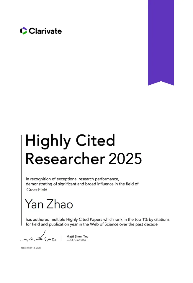 Yan Zhao 科睿唯安2025全球高被引科学家证书